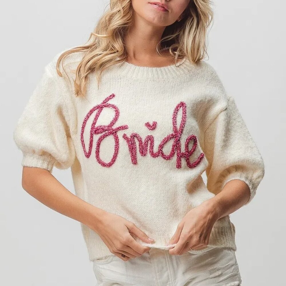 BiBi Metallic‎ Letter Short Puff Sleeve Hairy Sweater